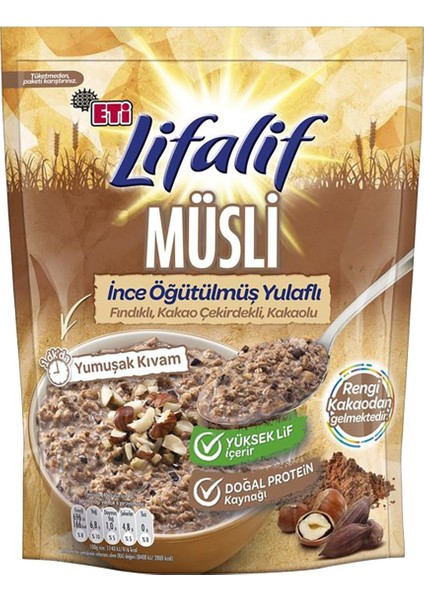 Lifalif Ince Öğütülmüş Yulaflı Fındıklı, Kakao Çekirdekli, Kakaolu Müsli 250 G x 2 Adet