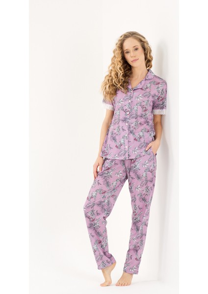 Desenli Gömlek Yaka Pamuklu Kadın Pijama Takımı