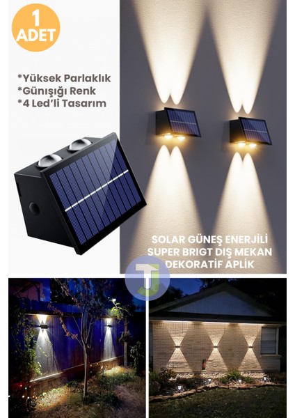 Solar Güneş Enerjili 4 Ledli Bahçe Aydınlatması Aplik Sarı Işık LED Lamba (1 Adet)