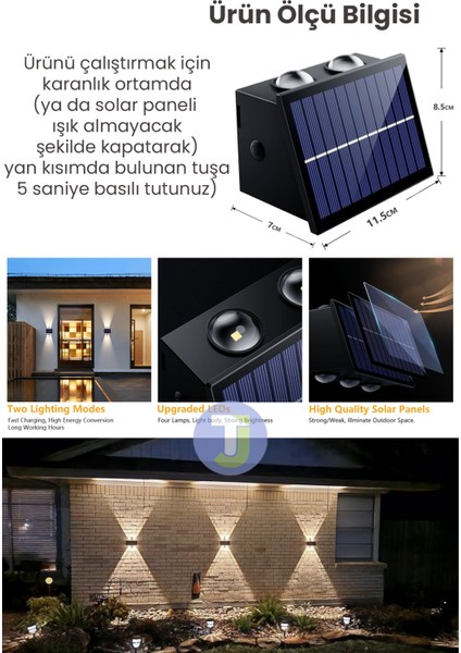 Solar Güneş Enerjili 4 Ledli Bahçe Aydınlatması Aplik Sarı Işık LED Lamba (1 Adet)
