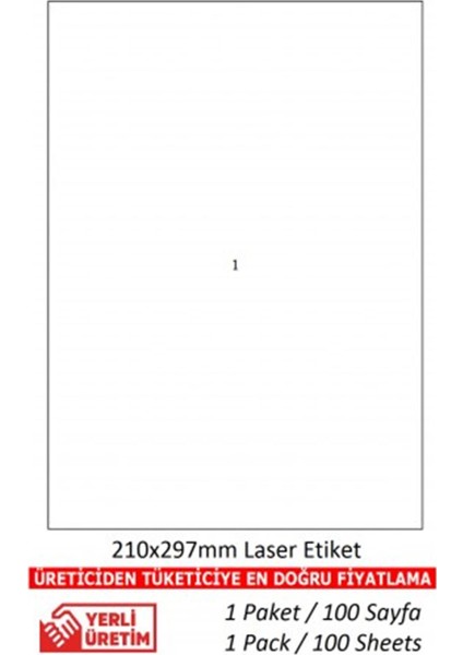 Etiket Lazer Etiket KJ 2000 500 A4 Sayfa Laser Etiket 297 x 210 mm Boyutunda 1 A4 Sayfada 1 Etiket