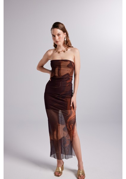 Astarlı Desenli Straplez Tül Mocha Elbise - Kahverengi fiyatları