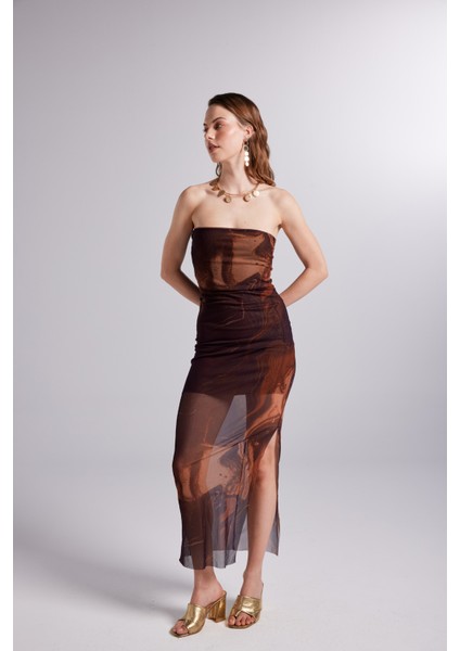 Astarlı Desenli Straplez Tül Mocha Elbise - Kahverengi modelleri