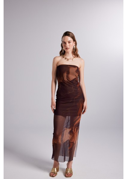 Astarlı Desenli Straplez Tül Mocha Elbise - Kahverengi fırsatları