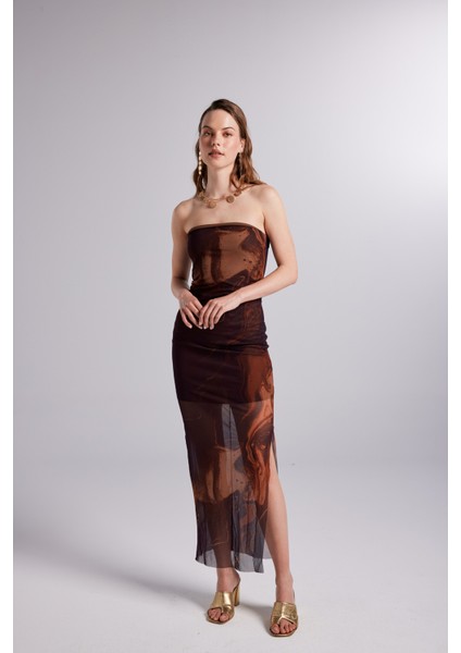 Astarlı Desenli Straplez Tül Mocha Elbise - Kahverengi indirimleri