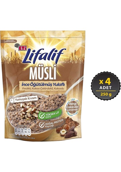 Lifalif Ince Öğütülmüş Yulaflı Fındıklı, Kakao Çekirdekli, Kakaolu Müsli 250 G x 4 Adet