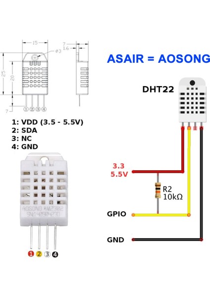 DHT22 Sıcaklık ve Nem Ölçme Sensörü Aosong=asair