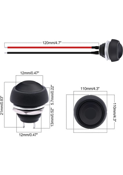12MM PBS-33B 2 Pin Push Buton Siyah 20CM Kablolu On Off 1A 250V Mini Yuvarlak Su Geçirmez Anahtar
