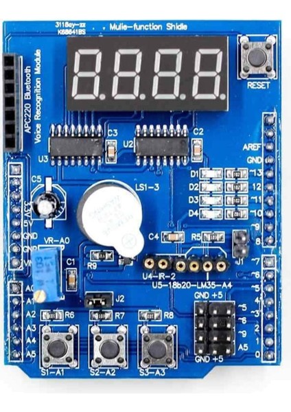 Multi Çok Fonksiyonlu Shield 7 Segment Buzer Button Pot Servo Analog DS18B20 LM35