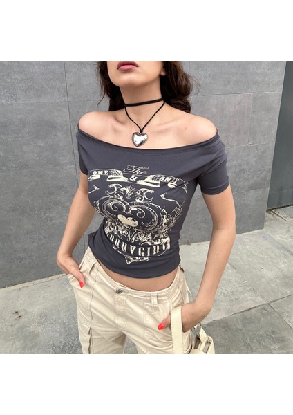 Füme Vintage Moodygirl Omuz Açık Kısa Kollu Crop