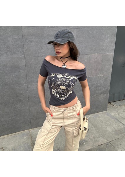 Füme Vintage Moodygirl Omuz Açık Kısa Kollu Crop