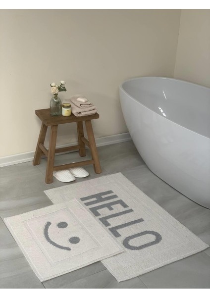 Hello Doğal Pamuklu 2'li Banyo Paspası 60X100+50X60 cm - Gri