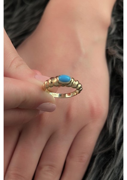 14 Ayar Altın Bombeli Firuze Yüzük modelleri