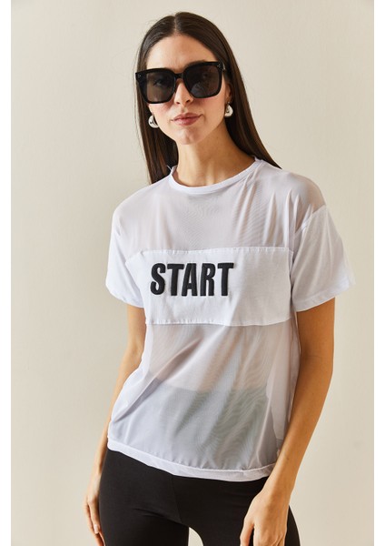 Beyaz Bisiklet Yaka Tül Detaylı Salaş T-Shirt 5YXK1-48310-01 fiyatları