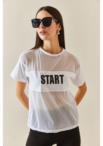Beyaz Bisiklet Yaka Tül Detaylı Salaş T-Shirt 5YXK1-48310-01 modelleri