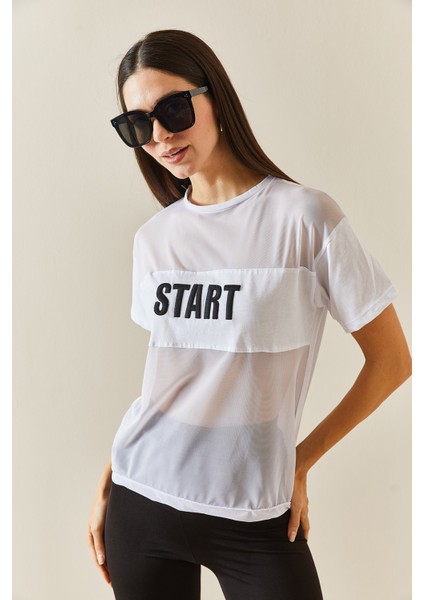 Beyaz Bisiklet Yaka Tül Detaylı Salaş T-Shirt 5YXK1-48310-01 fırsatları
