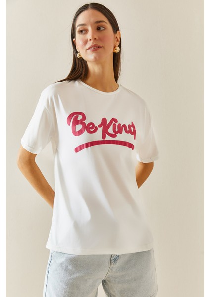 Beyaz Bisiklet Yaka Baskılı T-Shirt 5YXK1-48318-01