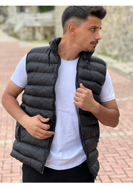 Siyah Şişme Dolumlu Fermuarlı Cepli Dik Yaka Kolsuz Yelek modelleri