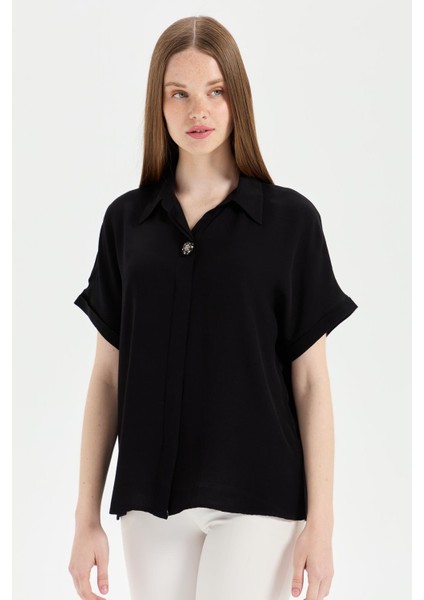 Kadın Önü Broşlu Maroken Gömlek Siyah indirimleri
