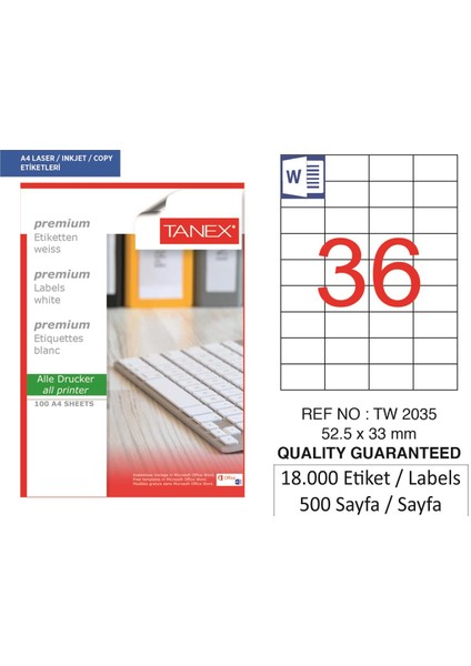 Lazer Etiket TW 2035 500 A4 Sayfa Laser Etiket 52 5 x 33 mm Boyutunda 1 A4 Sayfada 35 Etiket
