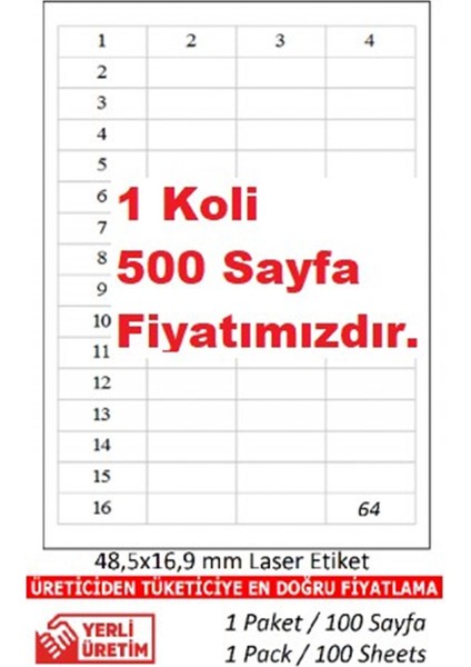 Etiket Lazer Etiket KJ 2564 500 A4 Sayfa Lazer Etiket 48 5 x 16 9 mm Boyutunda 1 A4 Sayfada 64 Etiket