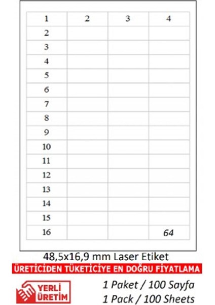 Etiket Lazer Etiket KJ 2564 500 A4 Sayfa Lazer Etiket 48 5 x 16 9 mm Boyutunda 1 A4 Sayfada 64 Etiket