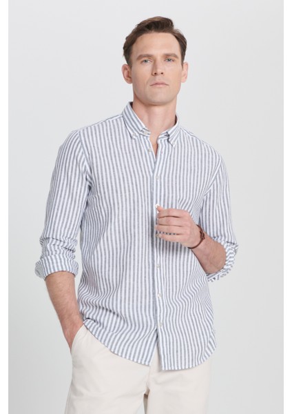 Slim Fit Dar Kesim Düğmeli Yaka Çizgili Keten Gömlek