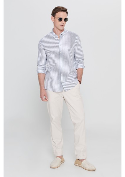 Slim Fit Dar Kesim Düğmeli Yaka Çizgili Keten Gömlek
