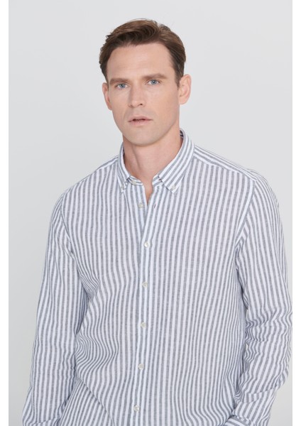 Slim Fit Dar Kesim Düğmeli Yaka Çizgili Keten Gömlek