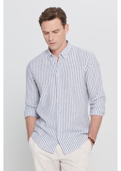 Slim Fit Dar Kesim Düğmeli Yaka Çizgili Keten Gömlek