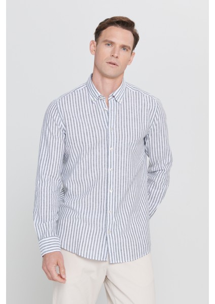 Slim Fit Dar Kesim Düğmeli Yaka Çizgili Keten Gömlek