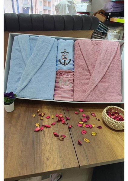 Çeyizlik Aile Bornoz Seti 4 Parça Gül Kurusu Mavi