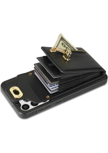 Samsung Galaxy S23+ Kart Yuvaları Için Fermuar Cep Telefonu Kasası Kickstand Deri Kaplamalı Tpu Kapak Black (Yurt Dışından)