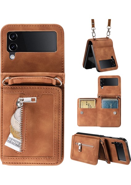 Samsung Galaxy Z Flip4 Için 5g Kickstand Case Fermuper Cep Deri Kapak El Kayışı ve Omuz Kayış-Kahverengi (Yurt Dışından)