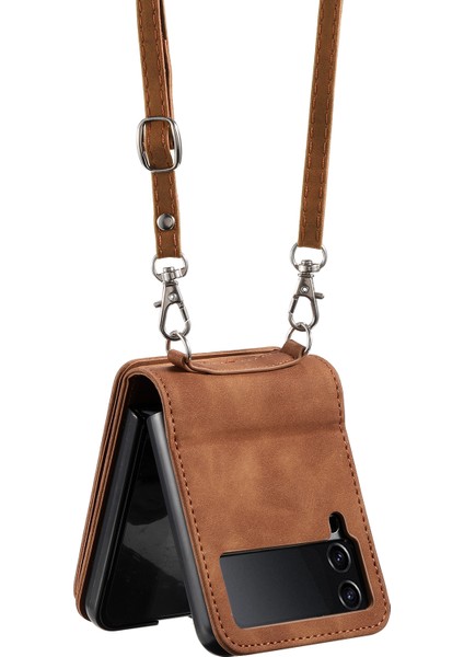 Samsung Galaxy Z Flip4 Için 5g Kickstand Case Fermuper Cep Deri Kapak El Kayışı ve Omuz Kayış-Kahverengi (Yurt Dışından)