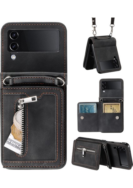 Samsung Galaxy Z Flip4 Için 5g Kickstand Case Zipper Cep Deri Kapak El Kayışı ve Omuz Kayış-Siyah (Yurt Dışından)
