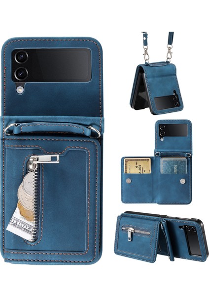 Samsung Galaxy Z Flip4 Için 5g Kickstand Case Fermuer Cep Deri Kapak El Kayışı ve Omuz Kayış Mavisi (Yurt Dışından)