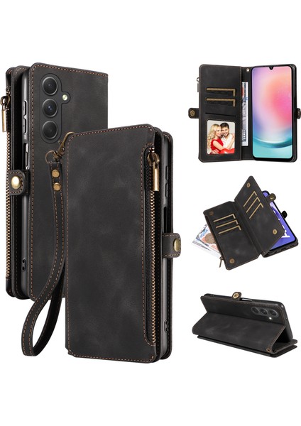 Samsung Galaxy A24 Için 4g Zipper Cep Katlanabilir Stand Cüzdan Deri Kılıf Telefon Kapağı Strap-Black (Yurt Dışından)