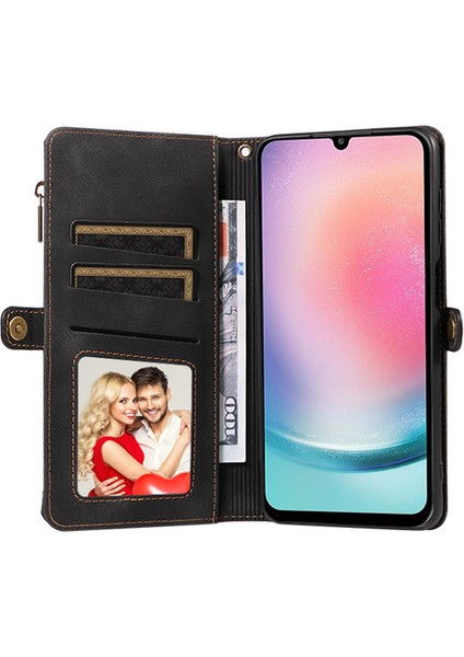 Samsung Galaxy A24 Için 4g Zipper Cep Katlanabilir Stand Cüzdan Deri Kılıf Telefon Kapağı Strap-Black (Yurt Dışından)
