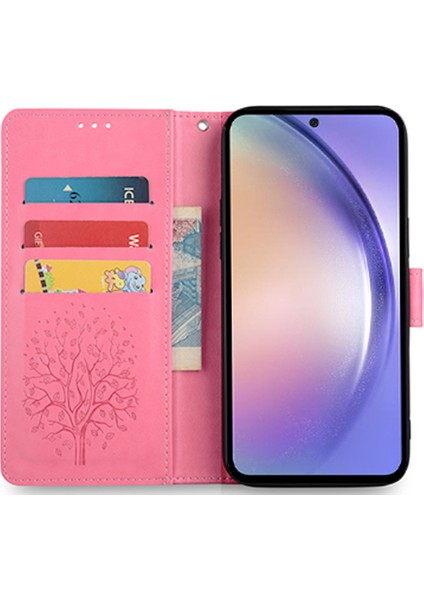 Samsung Galaxy S23 Telefon Kılıfı Baskılı Geyik Ağacı Desenli 3 Kart Yuvaları Anti-Damla Kapak-Pembe (Yurt Dışından)