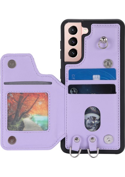 Samsung Galaxy S22+ 5g Çizgi Anti-Çizelge Anti-Scratch Vaka Kickstand Rfıd Engelleme Pu Deri+ Tpu Kapak 2 Kayış-Mor ile (Yurt Dışından)