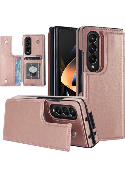 Samsung Galaxy Z Fold4 5g Için Kart Tutucu Telefon Kılıfı, Pu Deri+Pc Kickstand Çift Manyetik Toka Kapak Çizgisi Altın (Yurt Dışından)