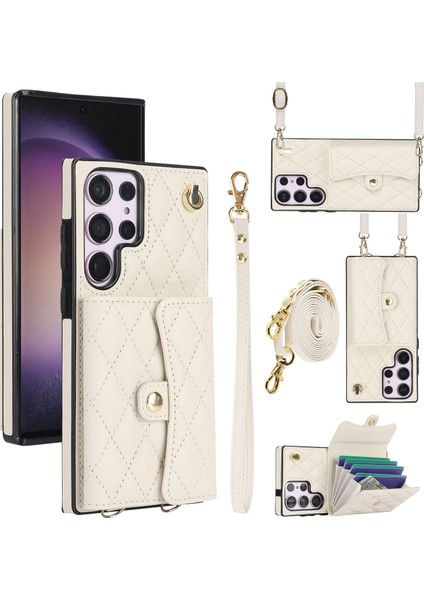 026 Samsung Galaxy S23 Ultra Telefon Kılıfı Kart Yuvaları 2 Askılı Kickstand Kapak-Beyaz (Yurt Dışından)