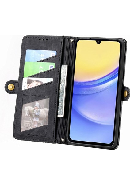 Samsung Galaxy A15 4G/A15 5g Fermuarlı Kılıf Geometri Deri Flip Telefon Kapağı-Siyah (Yurt Dışından)