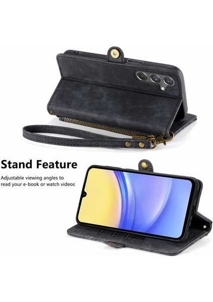 Samsung Galaxy A15 4G/A15 5g Fermuarlı Kılıf Geometri Deri Flip Telefon Kapağı-Siyah (Yurt Dışından)