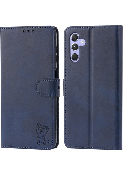 Samsung Galaxy S24 Cep Telefonu Kılıfı Baskılı Kedi Desenli Pu Deri Kapak-Mavi (Yurt Dışından)