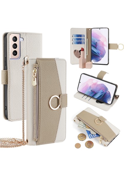 Samsung Galaxy S21+ 5g Kılıf Kart Tutucu Telefon Standı Kapaklı Kalpli Ayna-Beyaz (Yurt Dışından)