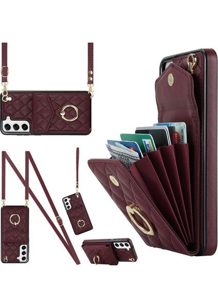 Samsung Galaxy S21 + 5g Cep Telefonu Kılıfı Için Kart Tutucu Halka Kickstand Pu + Tpu Çizilmez Kapak-Şarap Kırmızı (Yurt Dışından)