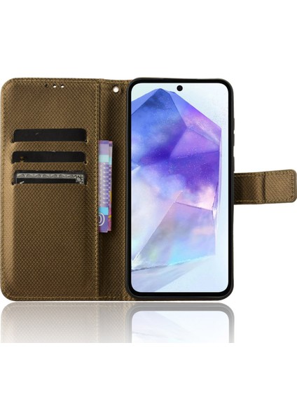 Samsung Galaxy A35 5g Deri Cüzdan Telefon Kılıfı Görüntüleme Standı Elmas Doku-Kahverengi (Yurt Dışından)