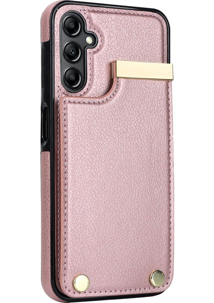 Samsung Galaxy S23 Fe Kapak Tpu + Pu Deri Metal Dekor Anti-Şok Kart Çantalı Cep Telefonu Kılıfı-Gül Altın (Yurt Dışından)
